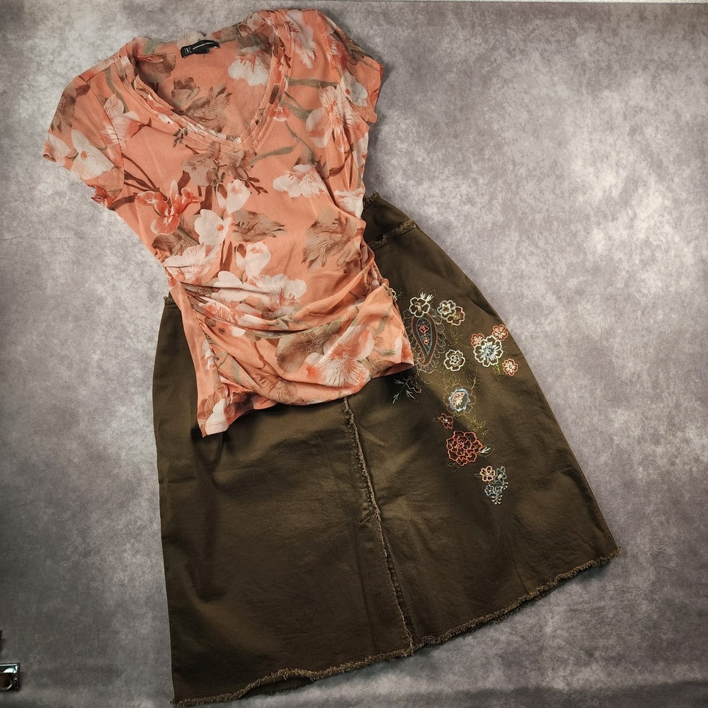 INC International Concepts Women M Peach Floral Mesh‎ Ruched V-Neck Blouse Top